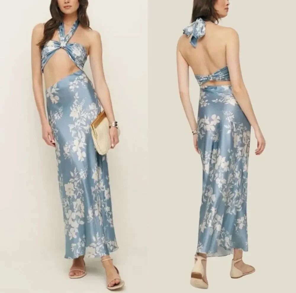 Reformation Vivi Silk Maxi Dress Blue Floral Halter Cutout Size 4